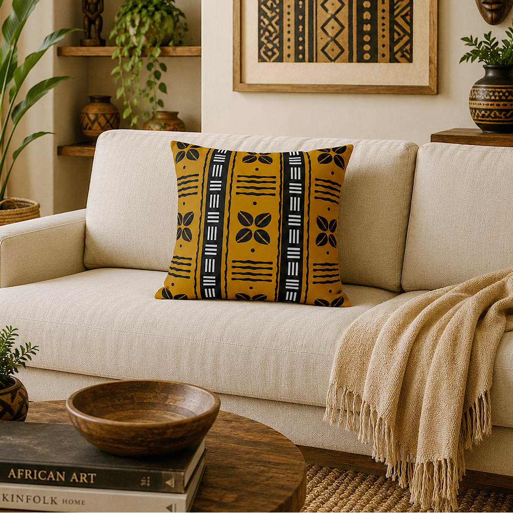 A styled living room scene featuring a cream fabric sofa with a mustard yellow and black patterned throw pillow, a beige fringed throw blanket, and a round wooden coffee table in the foreground. The background includes a wooden wall shelf with plants, a decorative wooden mask, and framed African art.