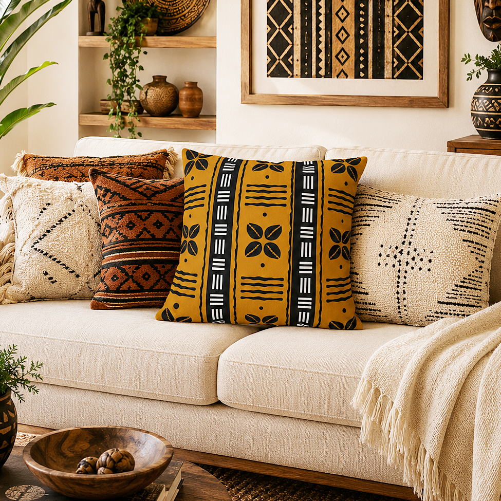 A styled living room scene featuring a cream sofa adorned with multiple decorative throw pillows in cream, mustard yellow, and brown with black geometric and tribal patterns. A beige throw blanket is draped over the sofa, alongside a wooden coffee table, potted plants, and framed wall art.