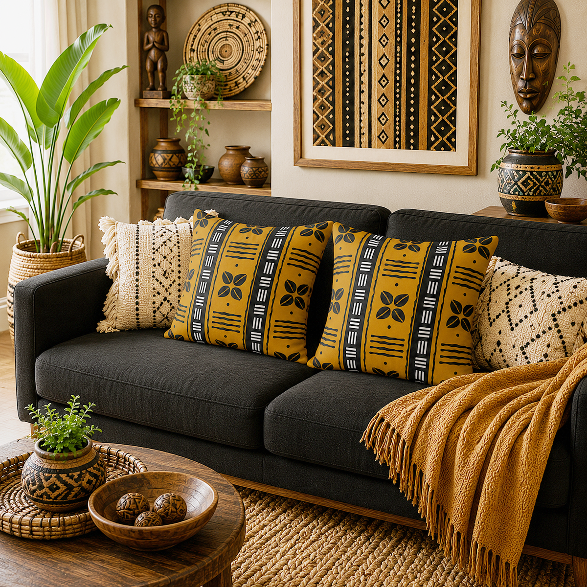 A styled living room scene featuring a dark charcoal gray fabric sofa decorated with mustard yellow and black patterned throw pillows, a cream woven pillow, and a mustard yellow knit throw blanket. The background includes a warm beige wall with shelves holding decorative pottery, a framed geometric print, and a large potted plant.