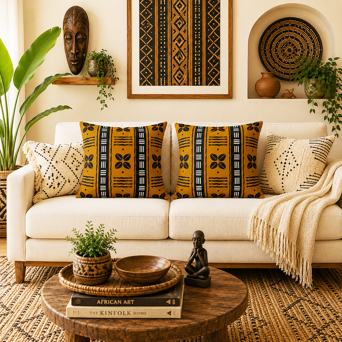 A styled living room scene with a cream sofa adorned with two prominent mustard yellow and black patterned throw pillows, flanked by cream knit pillows and a cream throw blanket. The background features a warm beige wall decorated with framed African art, a wooden mask, and potted plants, with a round wooden coffee table in the foreground.