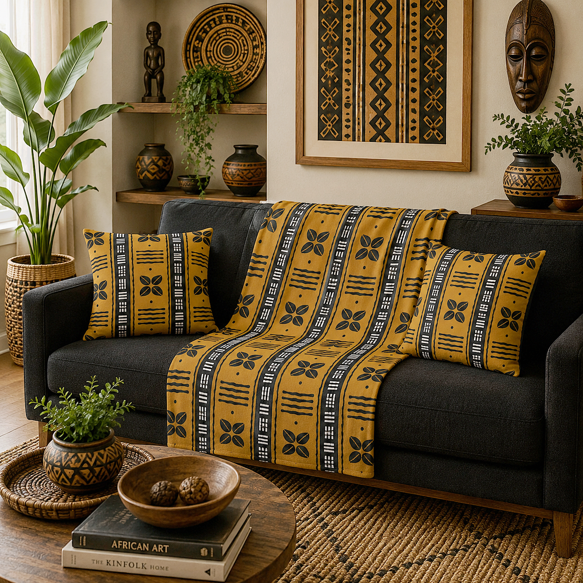 A cozy living room scene featuring a dark gray sofa styled with a mustard yellow and black patterned throw blanket and two matching pillow shams. The background includes a wooden coffee table, potted plants, and wall art.