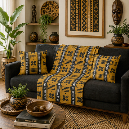 A cozy living room scene featuring a dark gray sofa styled with a mustard yellow and black patterned throw blanket and two matching pillow shams. The background includes a wooden coffee table, potted plants, and wall art.