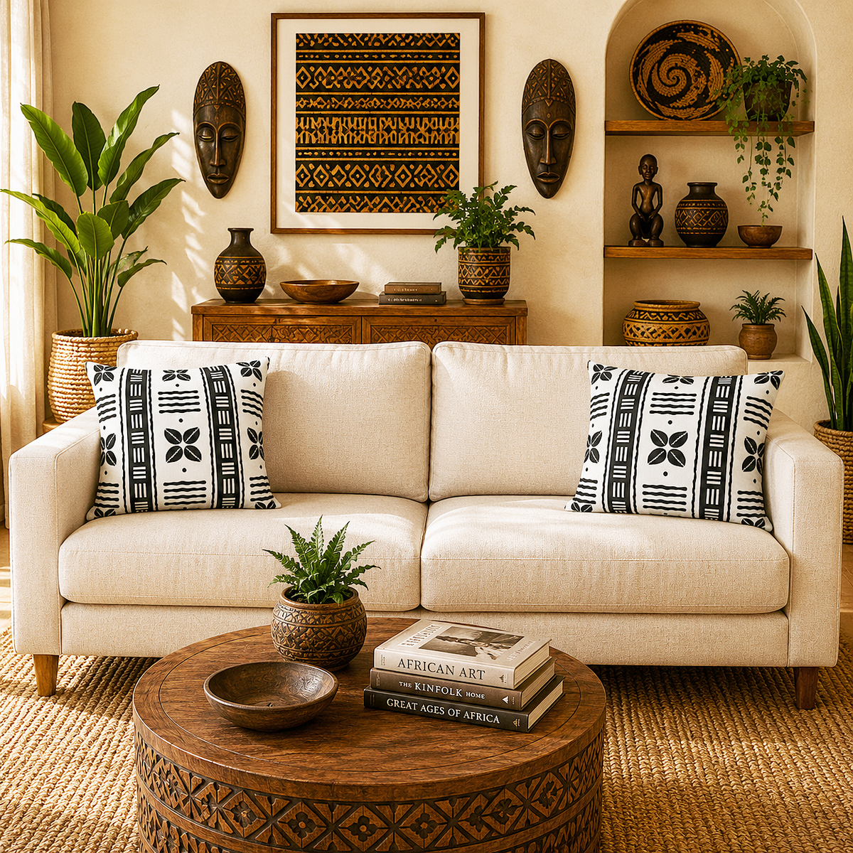 A cream-colored fabric sofa in a styled living room setting, decorated with two black and white patterned throw pillows, a round carved wooden coffee table, and a matching wooden sideboard in the background.