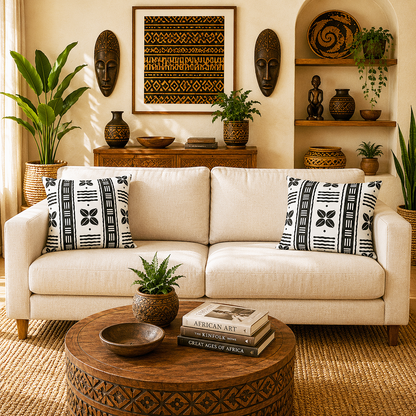 A cream-colored fabric sofa in a styled living room setting, decorated with two black and white patterned throw pillows, a round carved wooden coffee table, and a matching wooden sideboard in the background.