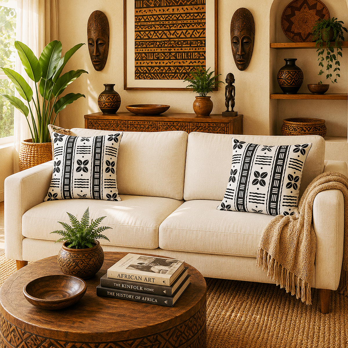 A cream-colored fabric sofa in a styled living room setting, decorated with two black and white patterned throw pillows, a beige fringed throw blanket, and a round wooden coffee table in the foreground.