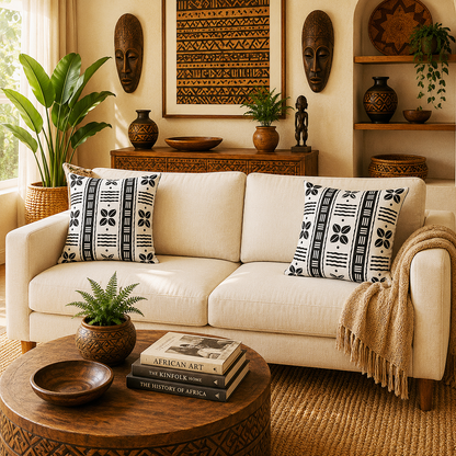 A cream-colored fabric sofa in a styled living room setting, decorated with two black and white patterned throw pillows, a beige fringed throw blanket, and a round wooden coffee table in the foreground.