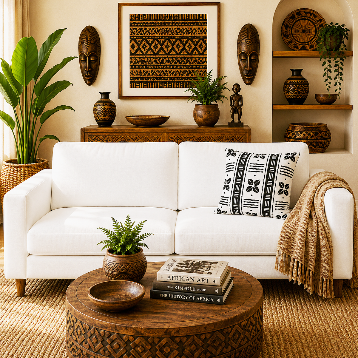 A styled living room scene featuring a white fabric sofa with a black-and-white patterned throw pillow, a beige fringed throw blanket, a round carved wooden coffee table, and warm-toned African decorative art, masks, vases, and plants in a cream-colored room.