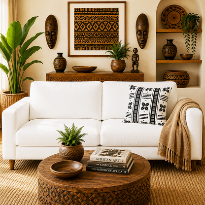 A styled living room scene featuring a white fabric sofa with a black-and-white patterned throw pillow, a beige fringed throw blanket, a round carved wooden coffee table, and warm-toned African decorative art, masks, vases, and plants in a cream-colored room.