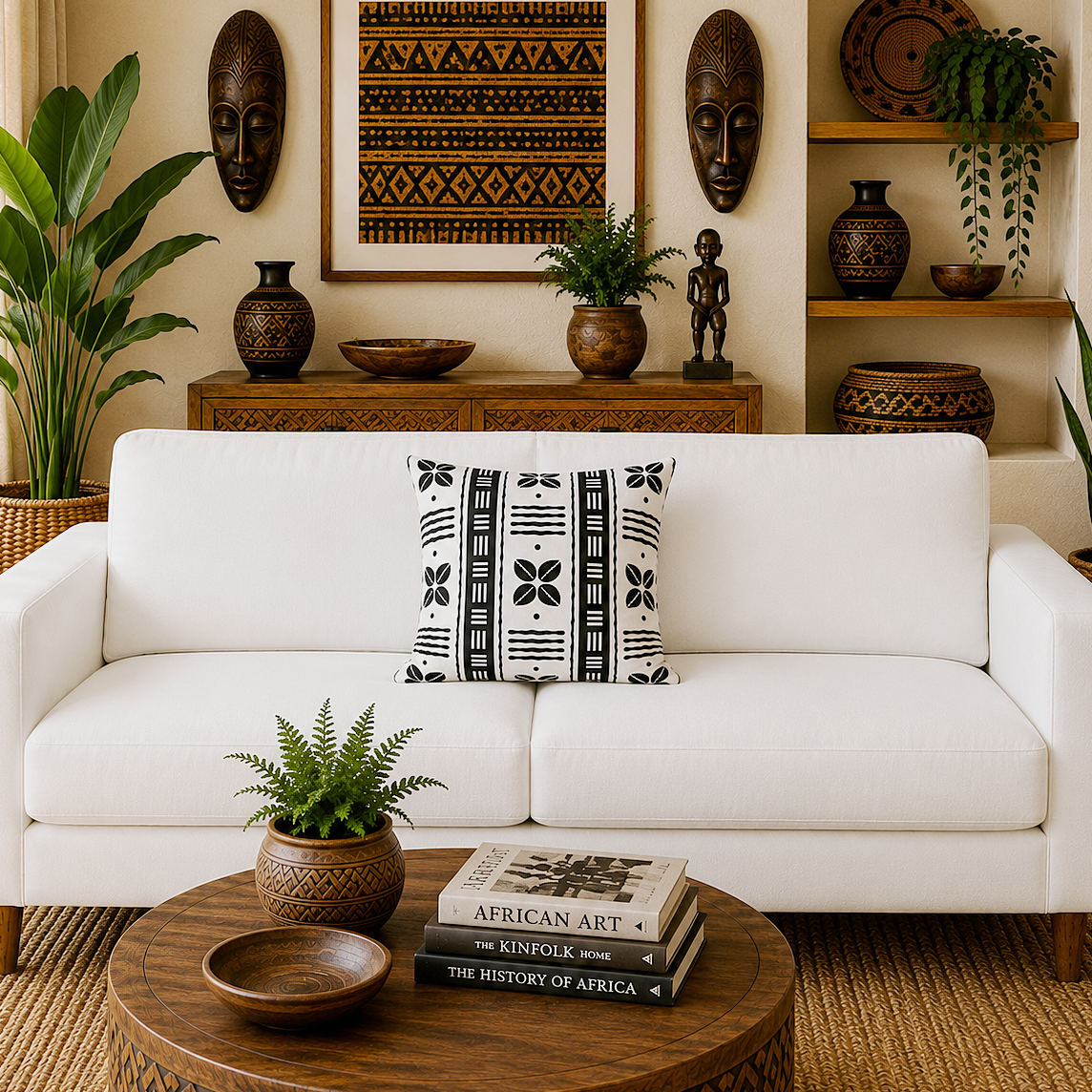 A white upholstered loveseat with a black-and-white patterned throw pillow, styled in a warm African-inspired room with wooden wall masks, shelves, plants, and a round carved coffee table.