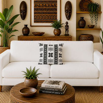 A white upholstered loveseat with a black-and-white patterned throw pillow, styled in a warm African-inspired room with wooden wall masks, shelves, plants, and a round carved coffee table.