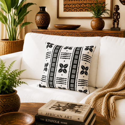 A square throw pillow with a black and white African tribal pattern sits on a white sofa in a styled living room setting.