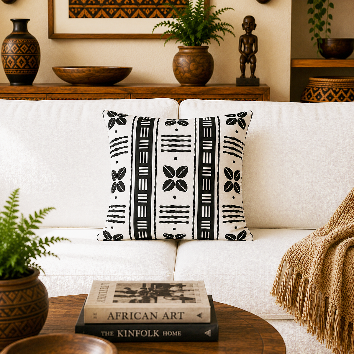 A square throw pillow with a black and white African tribal-inspired geometric pattern sits on a white sofa in a styled living room setting.