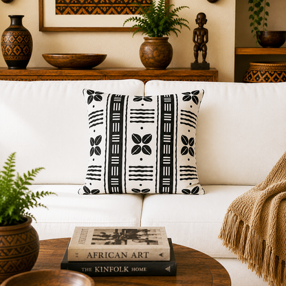 A square throw pillow with a black and white African tribal-inspired geometric pattern sits on a white sofa in a styled living room setting.