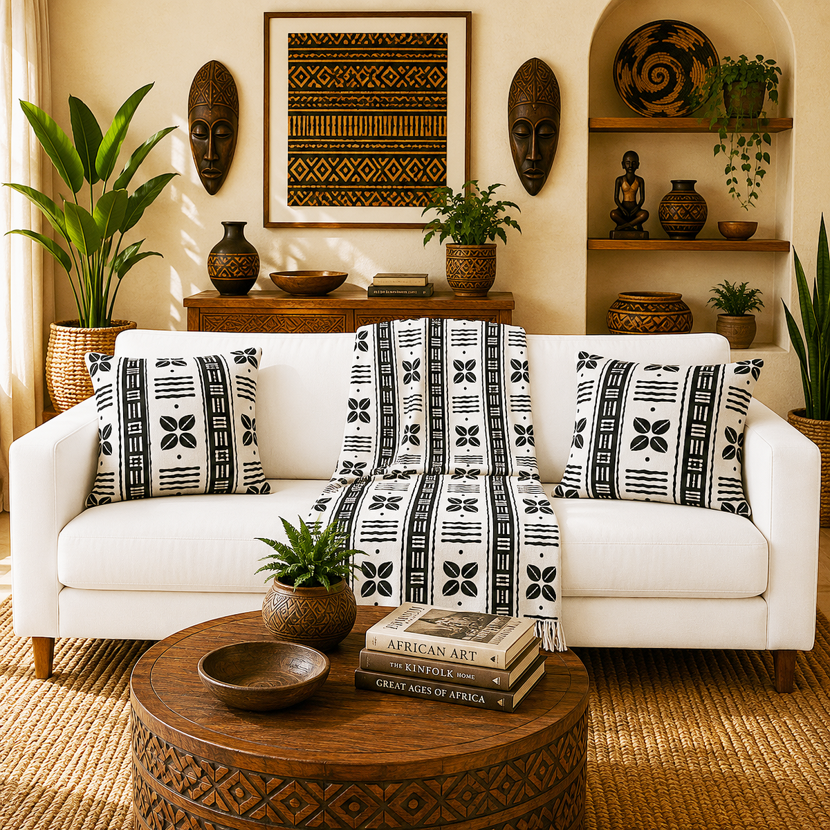 A styled living room scene featuring a white sofa with black and white patterned throw pillows and a matching patterned throw blanket draped across the seat. The room includes a round carved wooden coffee table, potted plants, shelves with decorative vases and bowls, and a framed geometric wall art piece above the sofa.