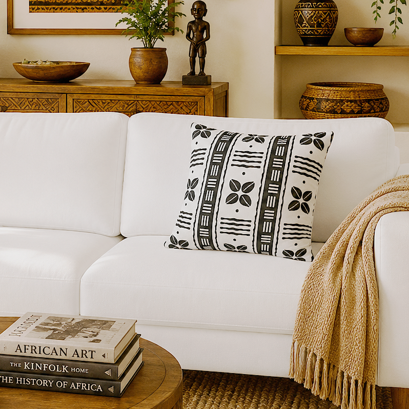 A styled living room scene featuring a white sofa with a black-and-white patterned throw pillow, a beige knit throw blanket draped over the arm, and a round wooden coffee table in the foreground. The room includes decorative African art masks, carved wooden wall panels, shelves with vases and plants, and a wooden console table.