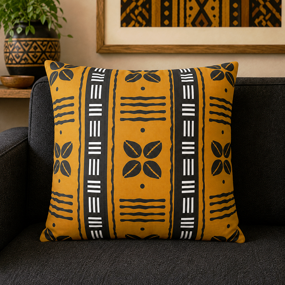 A square throw pillow with a bold black and white geometric tribal pattern on a mustard yellow background, resting on a dark gray sofa in a living room setting.