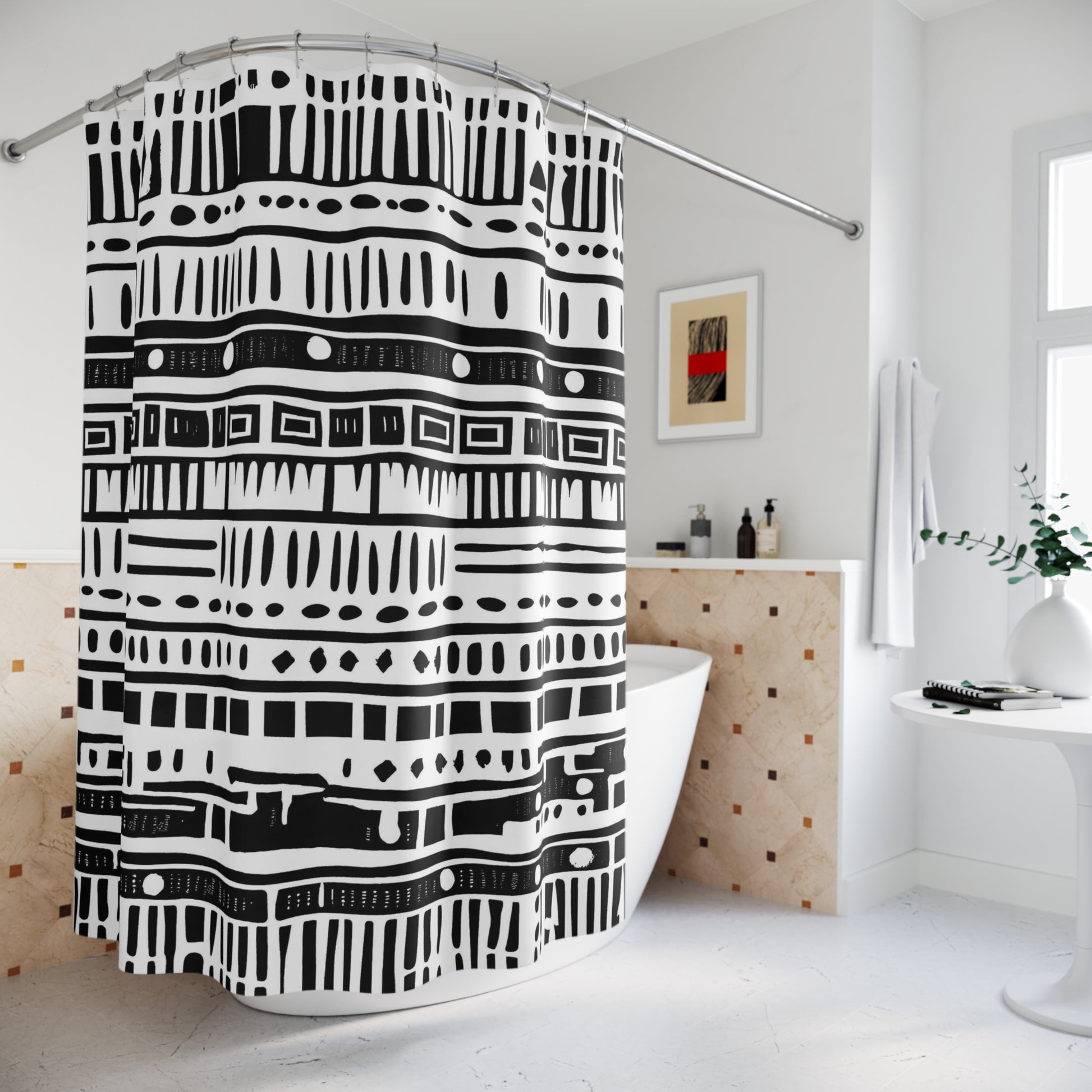 Black and white mudcloth shower curtain in a bathroom setting