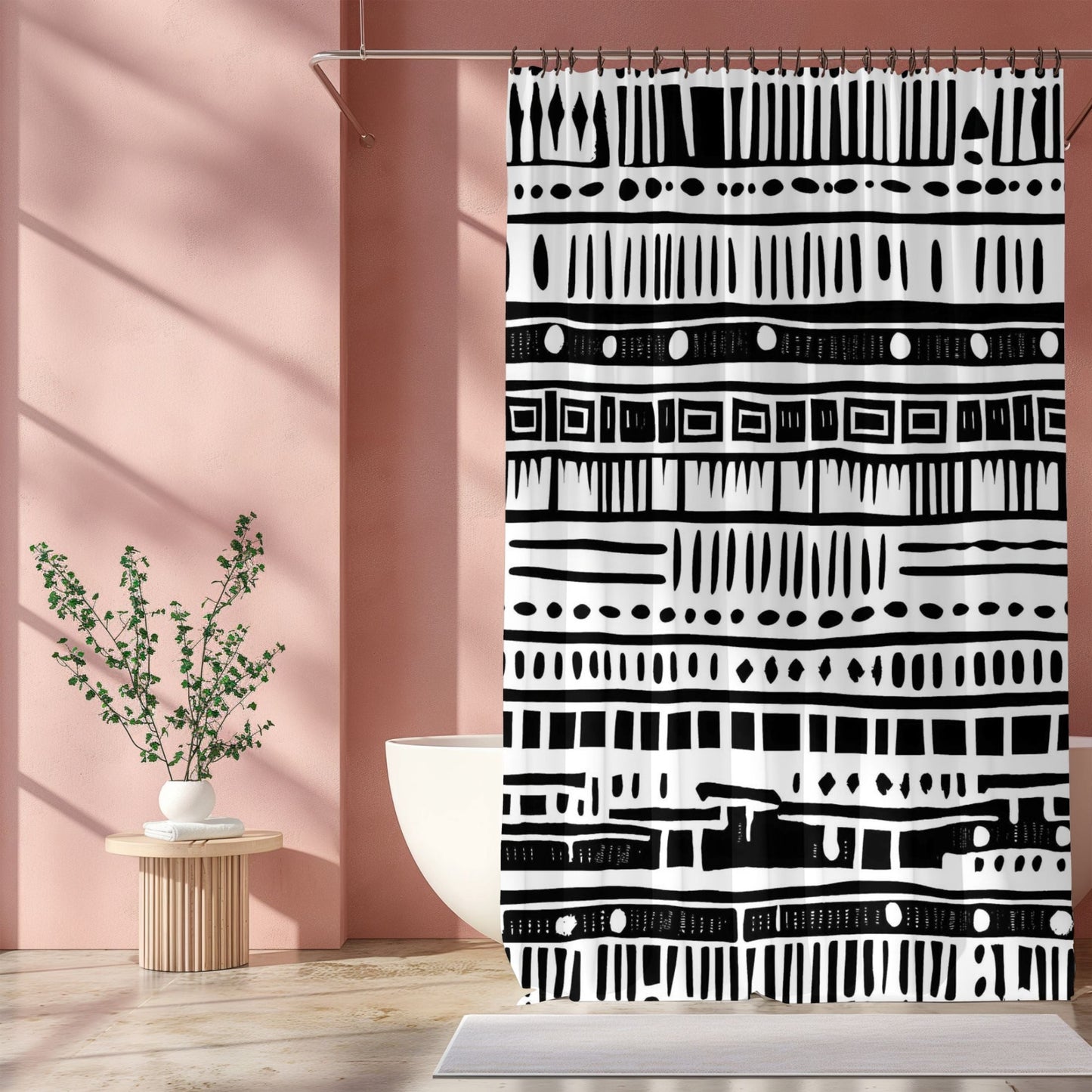 African print shower curtain with black and white pattern in a bathroom setting