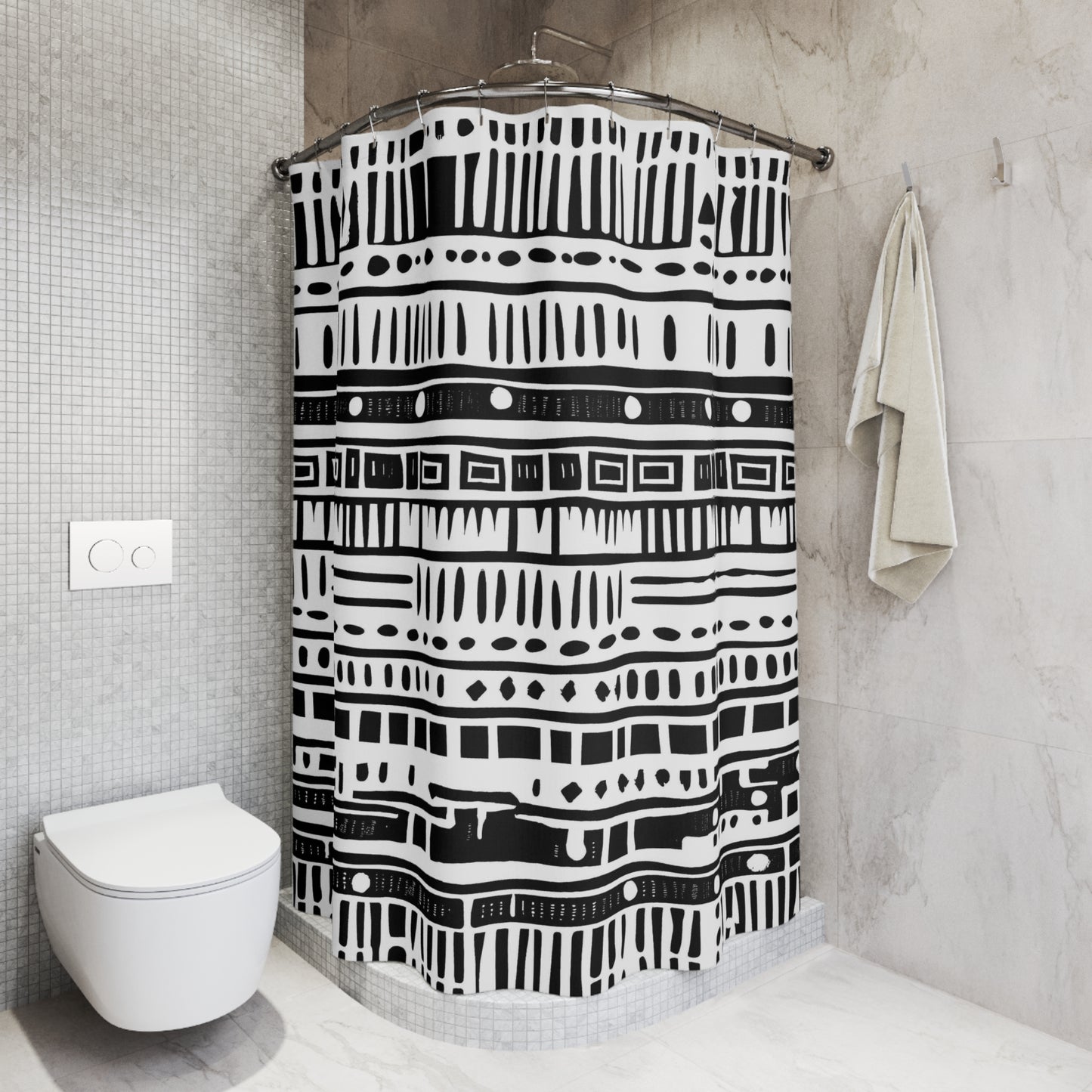 African mudcloth shower curtain with black and white pattern in a bathroom setting