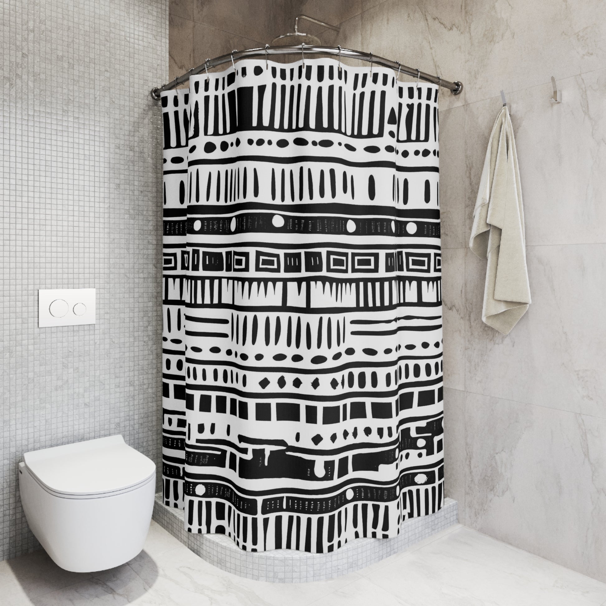 African mudcloth shower curtain with black and white pattern in a bathroom setting