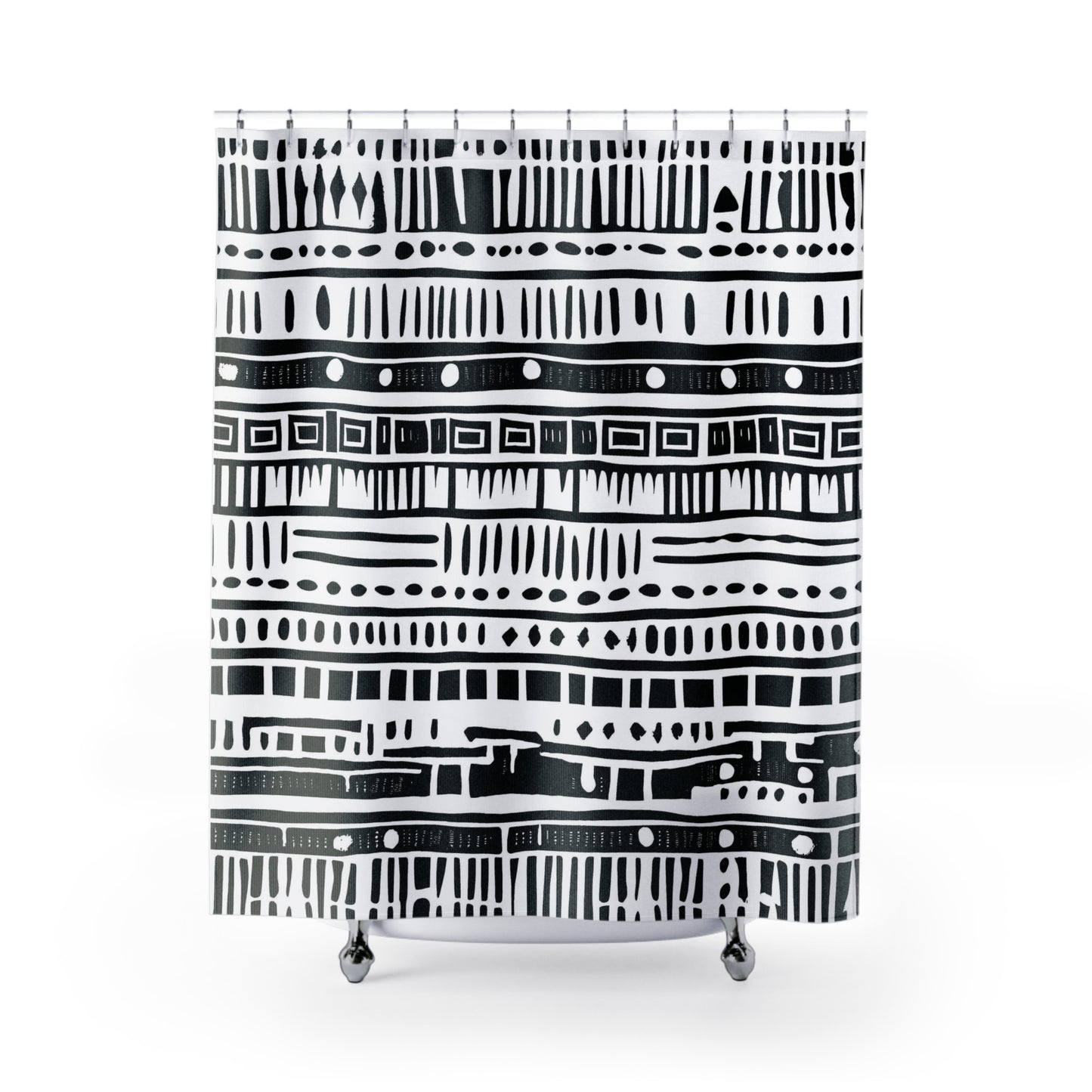 Black and white patterned shower curtain on a white background