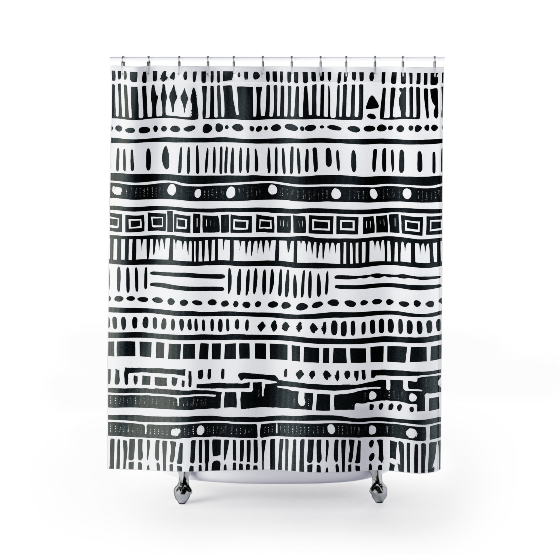 Black and white patterned shower curtain on a white background
