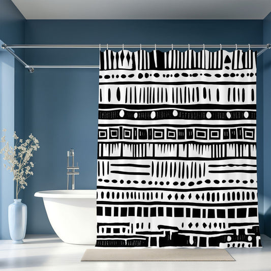 Black and white patterned shower curtain in a bathroom setting with a bathtub and decorative elements.