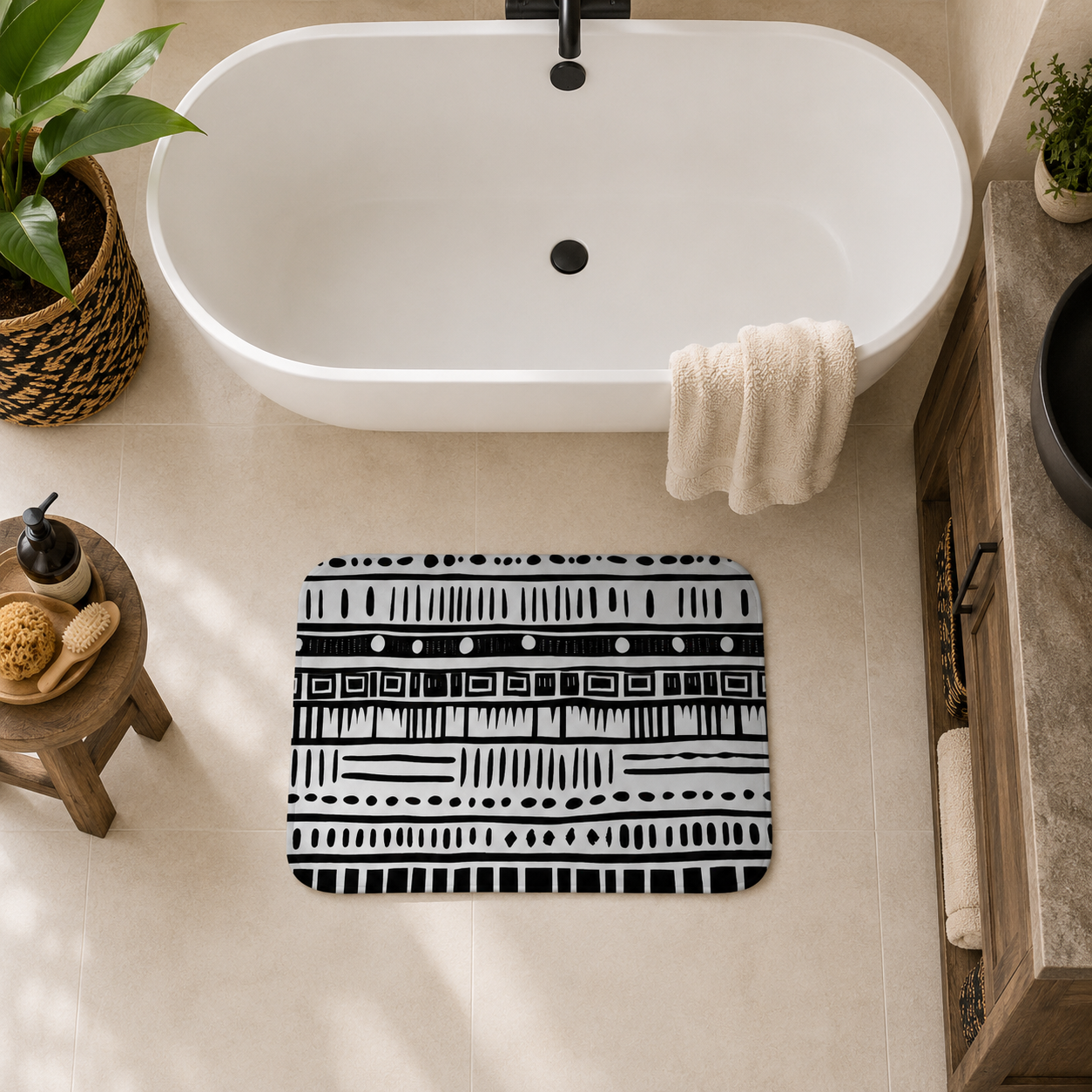A rectangular bath mat with a black and white geometric tribal pattern is placed on a beige tiled floor in front of a white freestanding bathtub. A cream towel is draped over the tub, with a small wooden stool, plant, and bathroom decor visible around it.