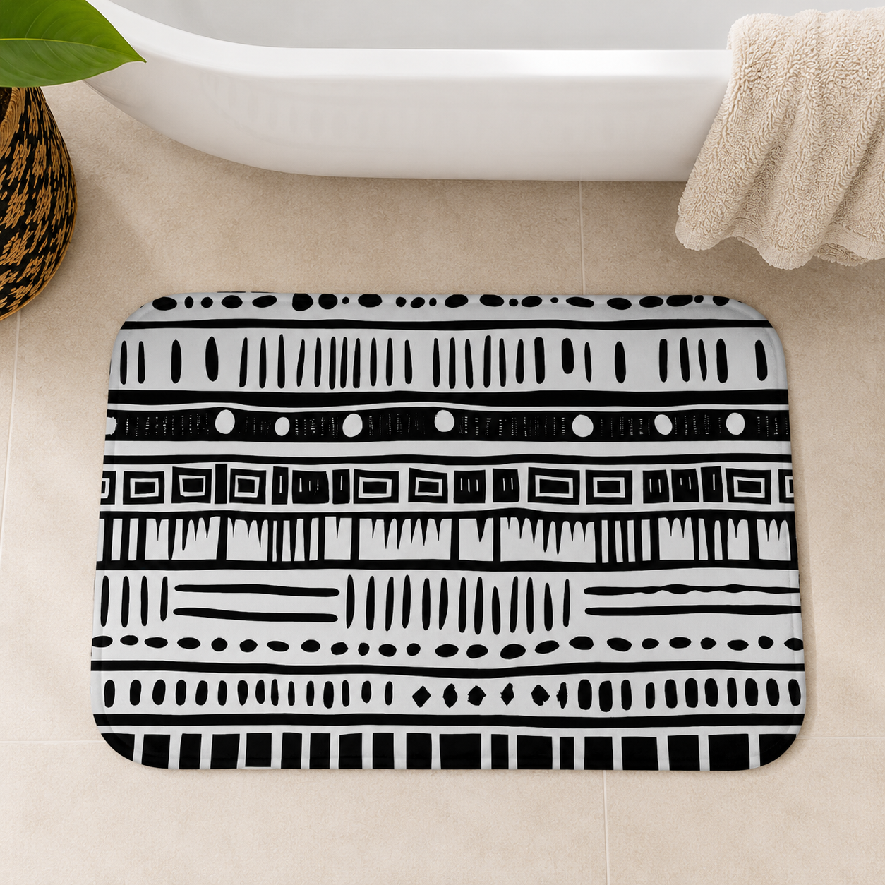 A rectangular bath mat with rounded corners featuring a bold black and white geometric tribal pattern, styled on a beige tiled bathroom floor next to a white bathtub with a folded beige towel.