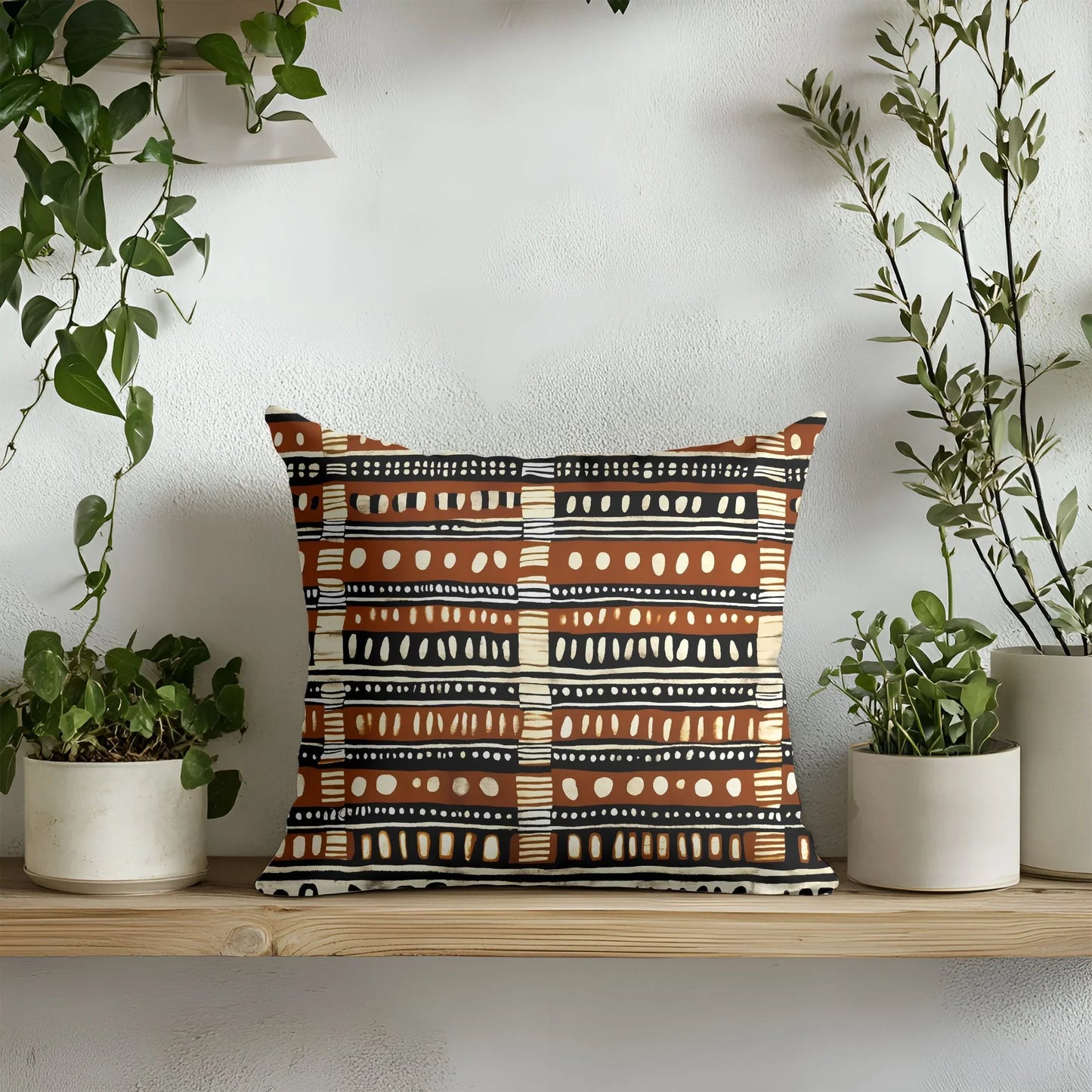 Modern boho throw pillow with geometric tribal pattern on wooden shelf, surrounded by potted plants