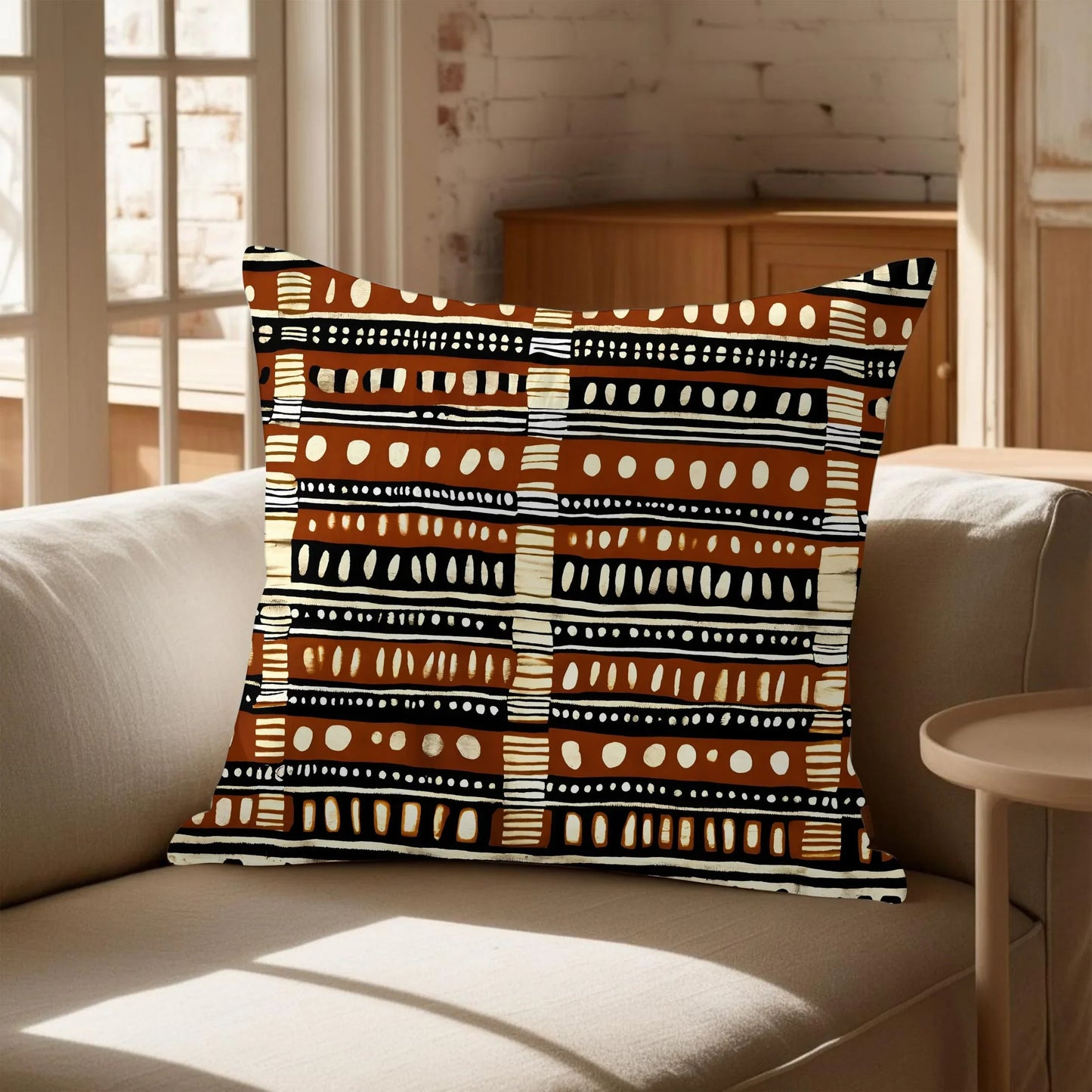 Geometric brown and black patterned throw pillow on beige sofa in sunlit living room