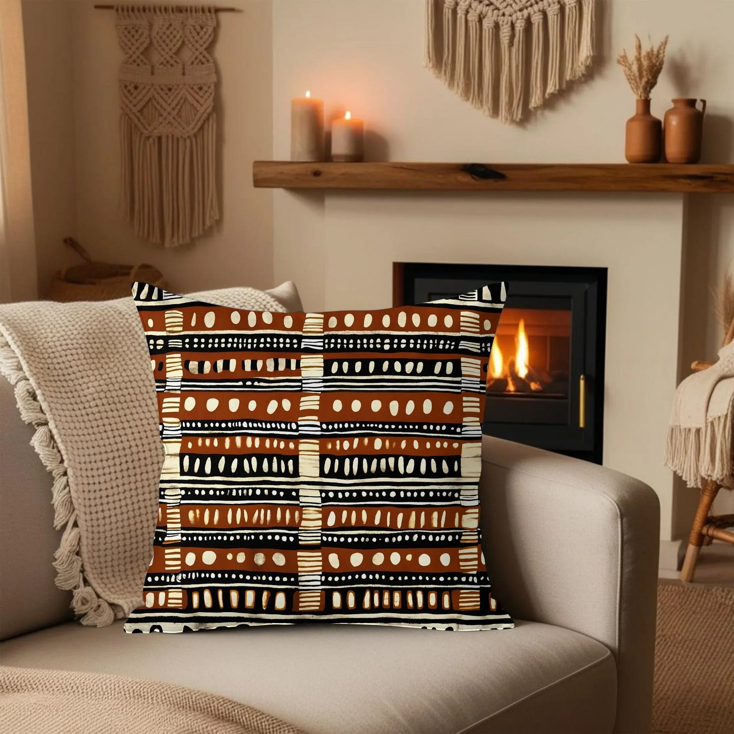 Boho living room with a tribal pattern throw pillow on beige sofa, fireplace and macrame decor