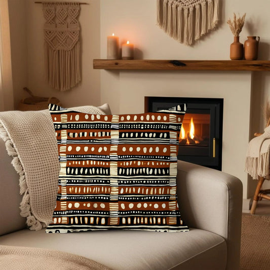 Boho living room with a tribal pattern throw pillow on beige sofa, fireplace and macrame decor