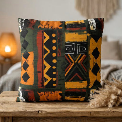 Decorative pillow with geometric pattern on a wooden surface in a cozy room setting.