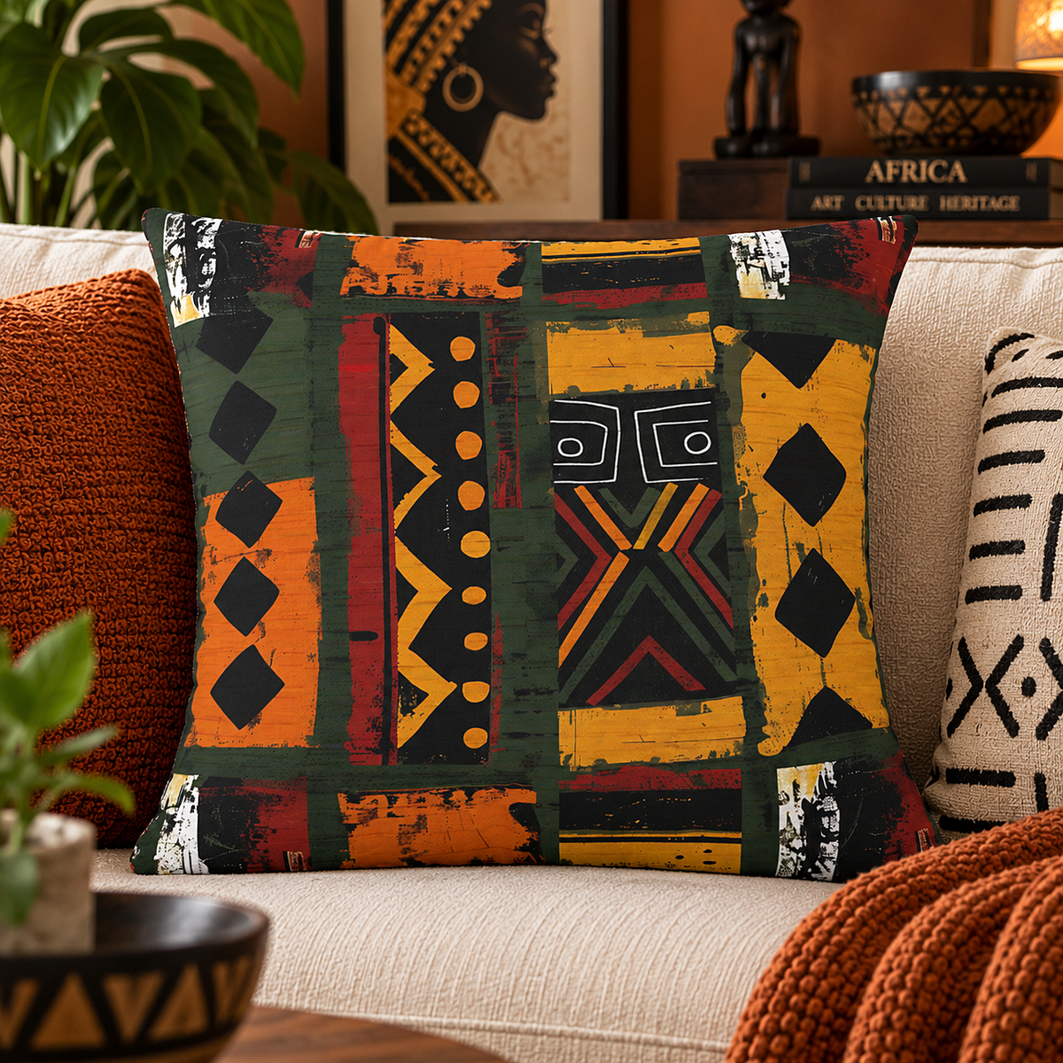 A square decorative throw pillow with an African-inspired geometric and tribal pattern in orange, yellow, black, and green, styled on a beige sofa next to other pillows in a warm living room setting.