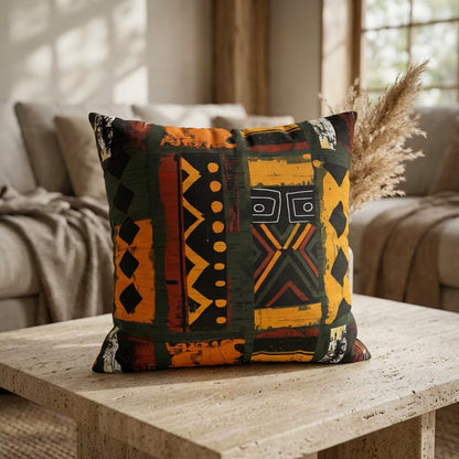 Decorative pillow with geometric pattern on a wooden table in a living room setting