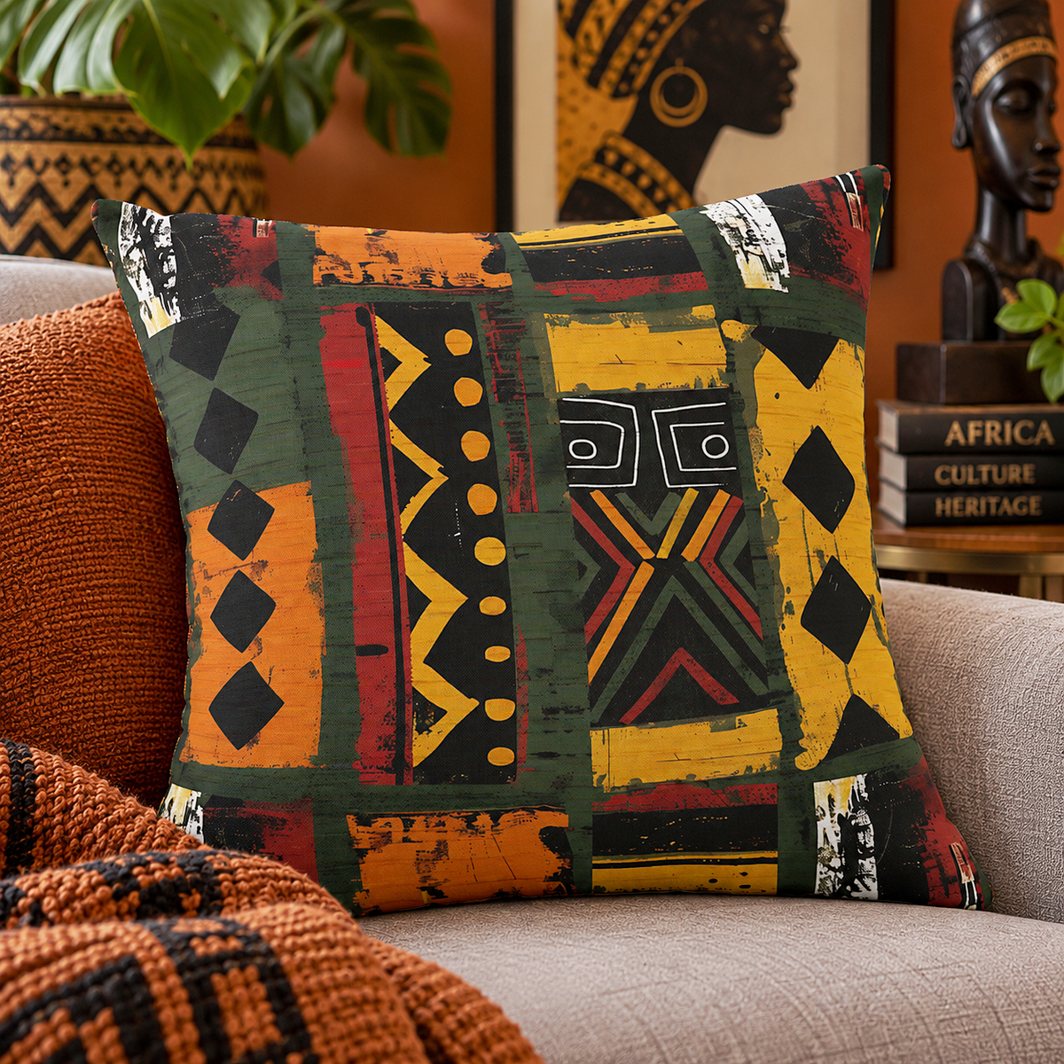 A square throw pillow with a bold, multi-colored African tribal geometric pattern in orange, yellow, green, black, and red, styled on a beige sofa next to an orange knit blanket.