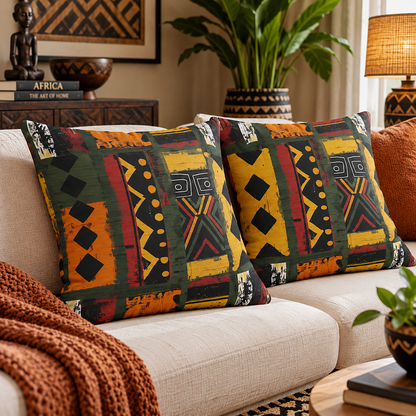 Two decorative throw pillows with a bold African-inspired geometric pattern in mustard yellow, olive green, red, and black, styled on a beige sofa in a cozy living room setting.