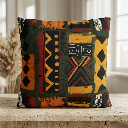 Decorative pillow with geometric pattern on a stone surface