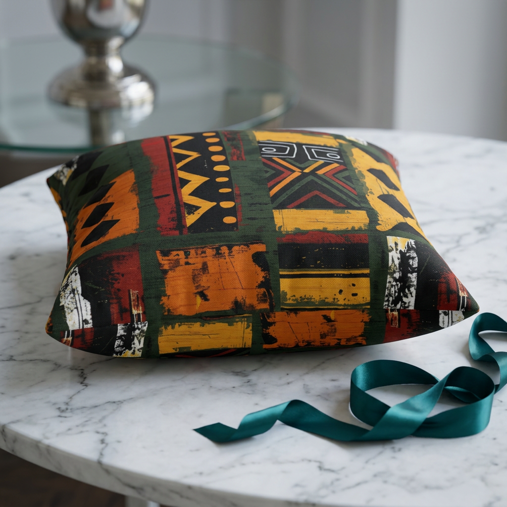 Decorative pillow with geometric pattern on a marble surface