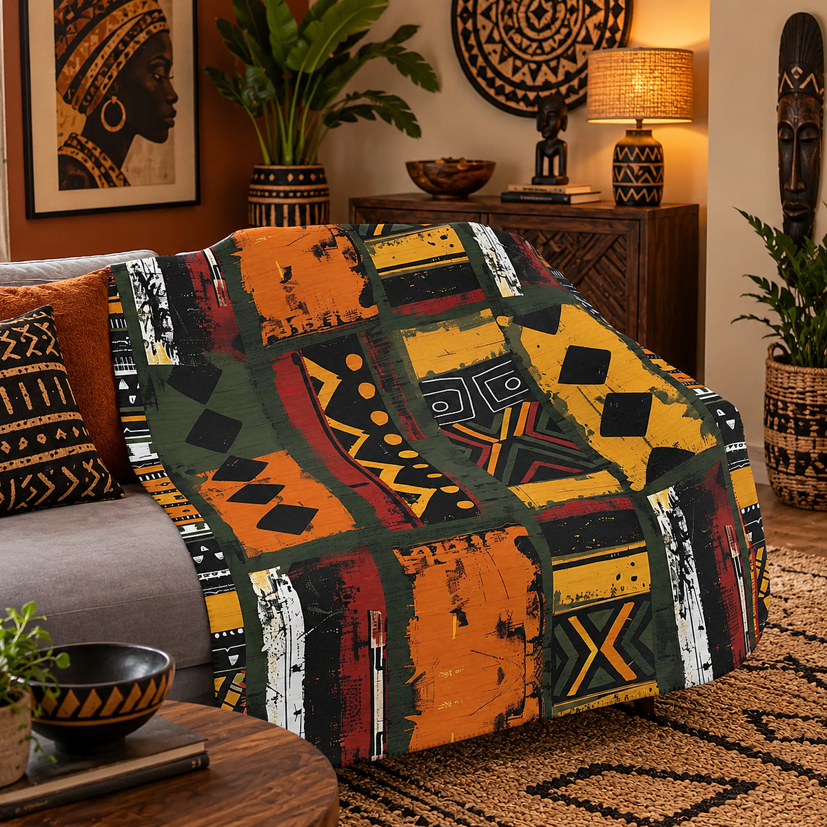 A patchwork-style throw blanket draped over a gray sofa in a styled living room. The blanket features a bold African-inspired geometric pattern with blocks of orange, mustard yellow, olive green, black, red, and white, including diamond, triangle, and tribal motif designs.