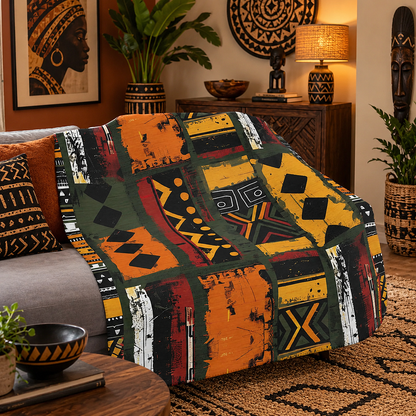 A patchwork-style throw blanket draped over a gray sofa in a styled living room. The blanket features a bold African-inspired geometric pattern with blocks of orange, mustard yellow, olive green, black, red, and white, including diamond, triangle, and tribal motif designs.