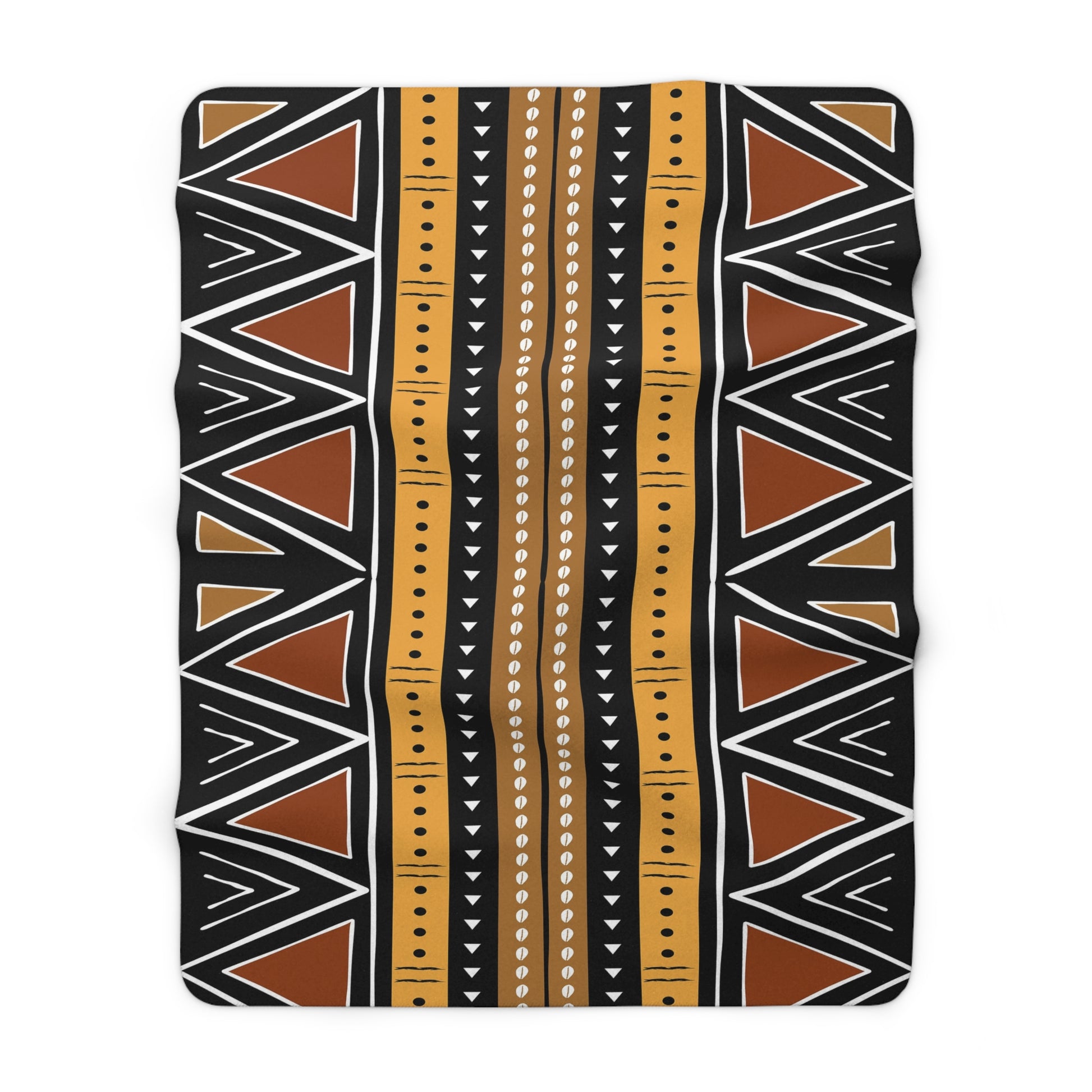 Folded blanket with tribal pattern featuring triangles and lines on a white background