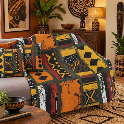 A sofa in a warmly lit living room is covered with a bold patchwork throw blanket featuring geometric tribal-inspired patterns in orange, yellow, green, black, red, and white. Matching pillows rest on the sofa, and the room includes a wooden cabinet, lamps, framed wall art, plants, and a patterned rug.