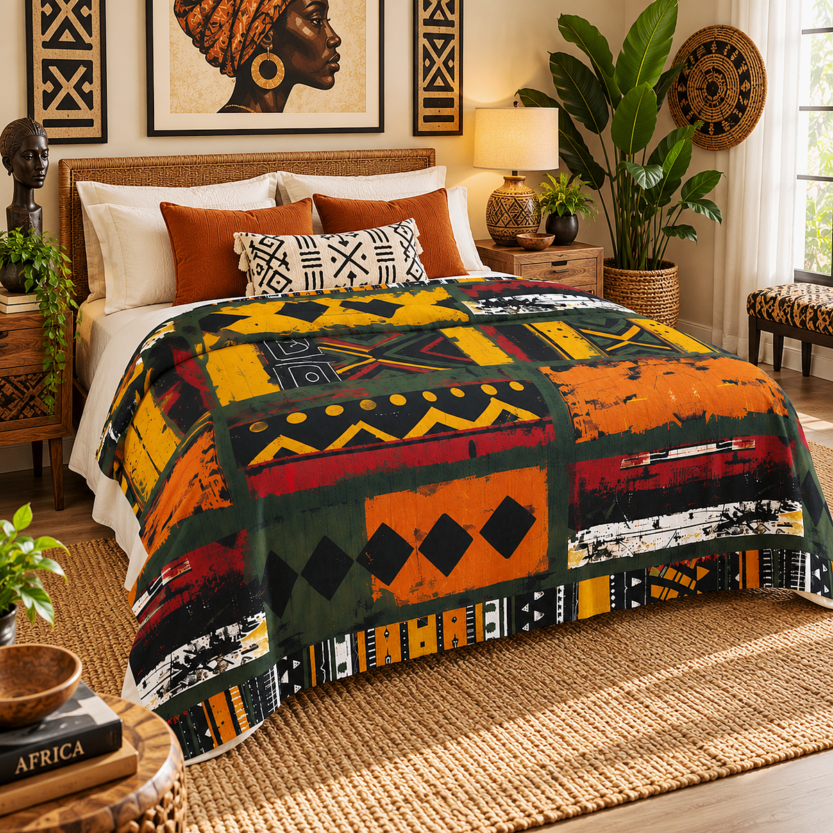 A bed in a styled bedroom displays a vibrant, multicolor patchwork blanket with African-inspired geometric patterns in orange, yellow, green, black, and red. The bed is styled with matching decorative pillows, surrounded by a warm, bohemian-themed bedroom setting with plants, wooden furniture, and framed wall art.