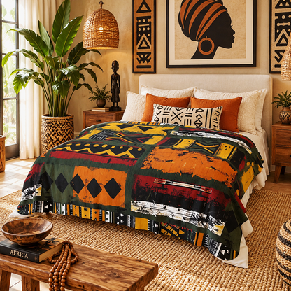 A bed dressed in a bold African-inspired patchwork quilt set with geometric patterns in orange, yellow, green, black, and white, styled in a warm, bohemian bedroom.