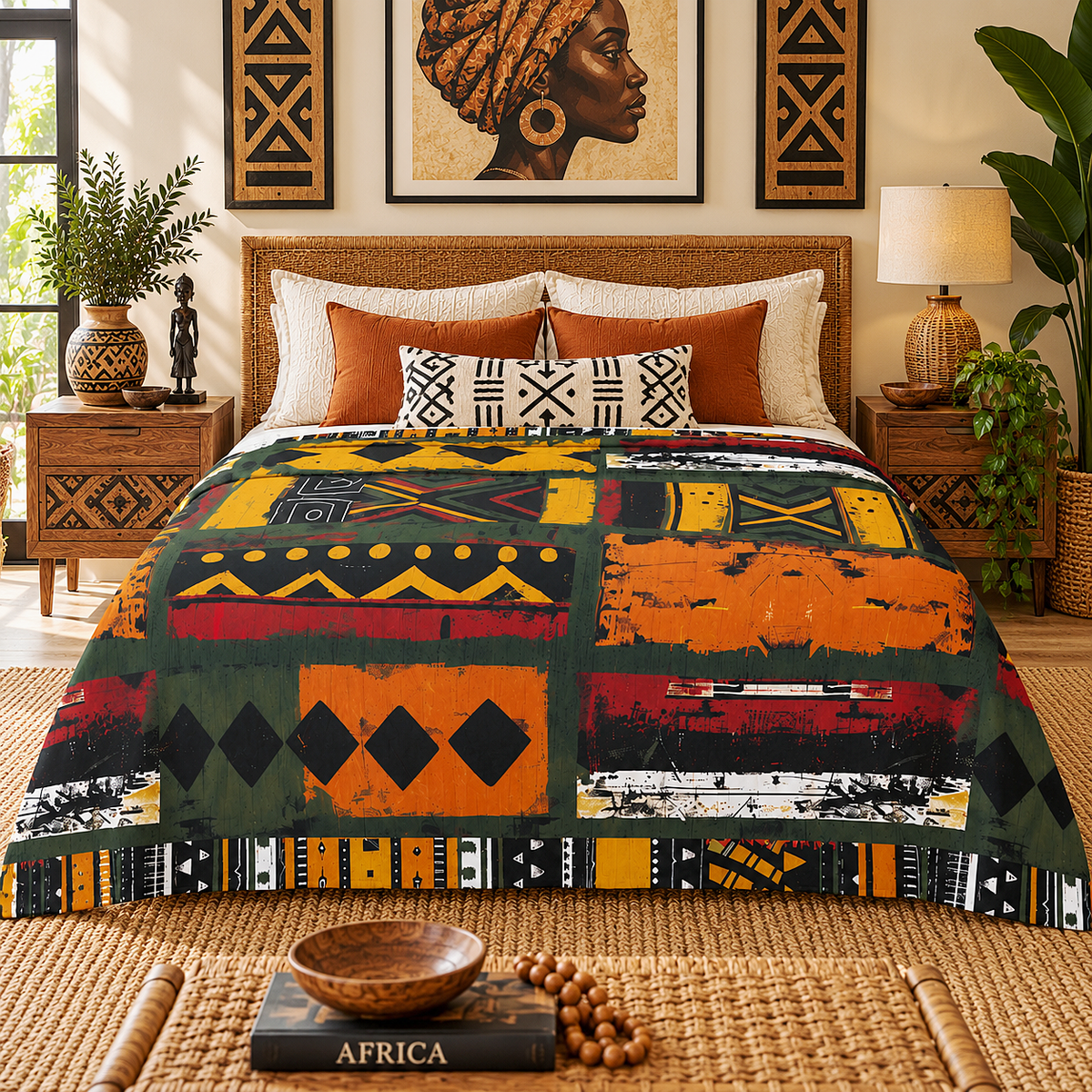 A bed dressed in a bold African-inspired patchwork sherpa blanket featuring geometric patterns in orange, green, yellow, black, and red, styled in a warm, decorated bedroom.