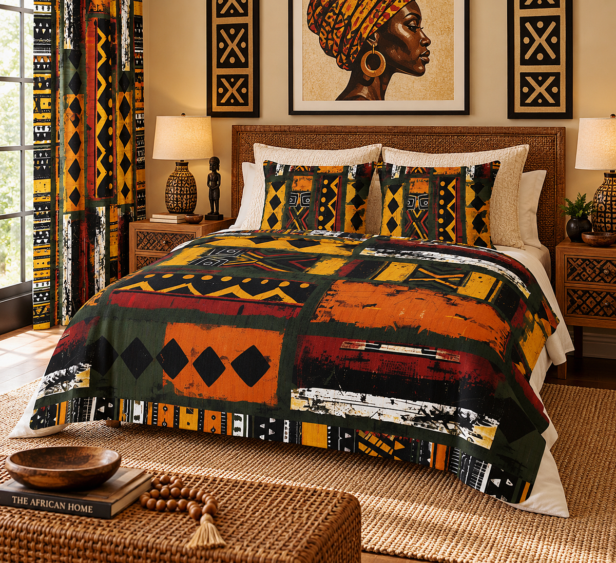 A bed dressed in a bold African-inspired patchwork sherpa blanket set with matching pillow covers, styled in a warm, decorated bedroom with matching wall art, lamps, and patterned curtains.