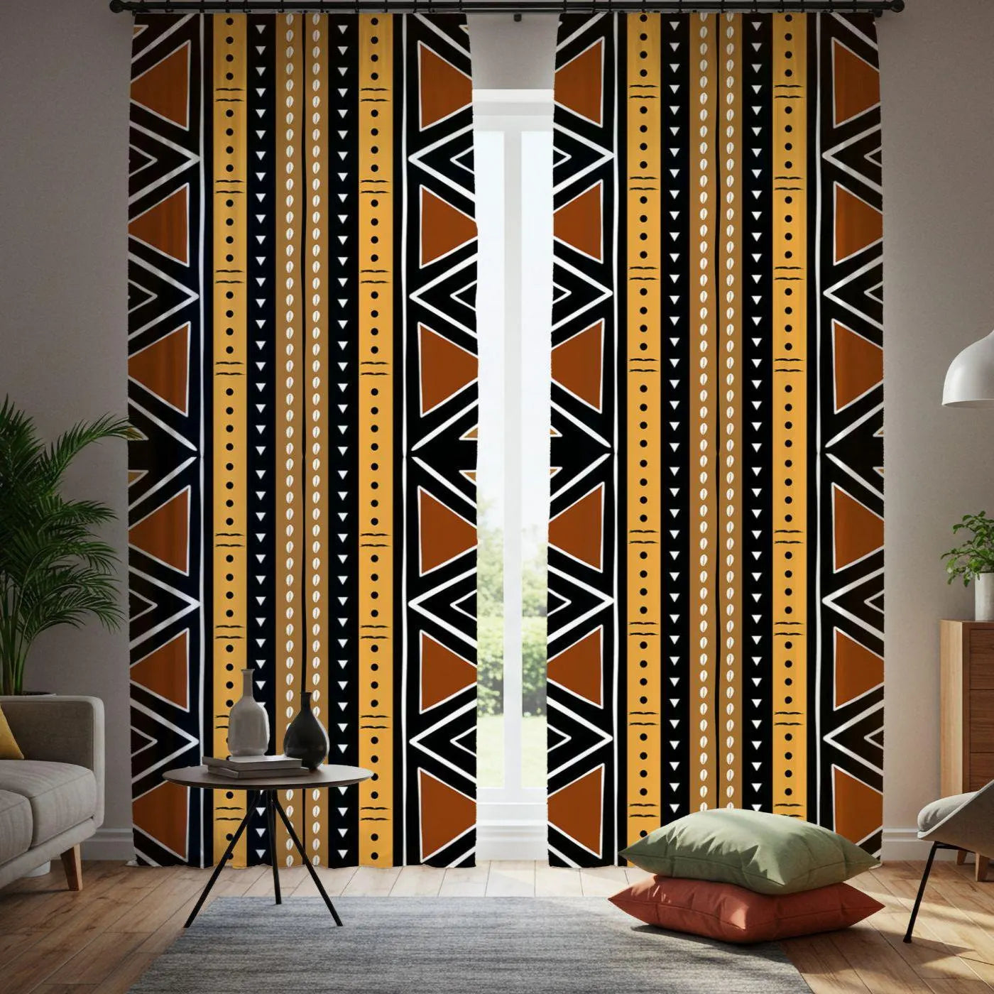 Curtains with geometric pattern in a room with furniture and decor.