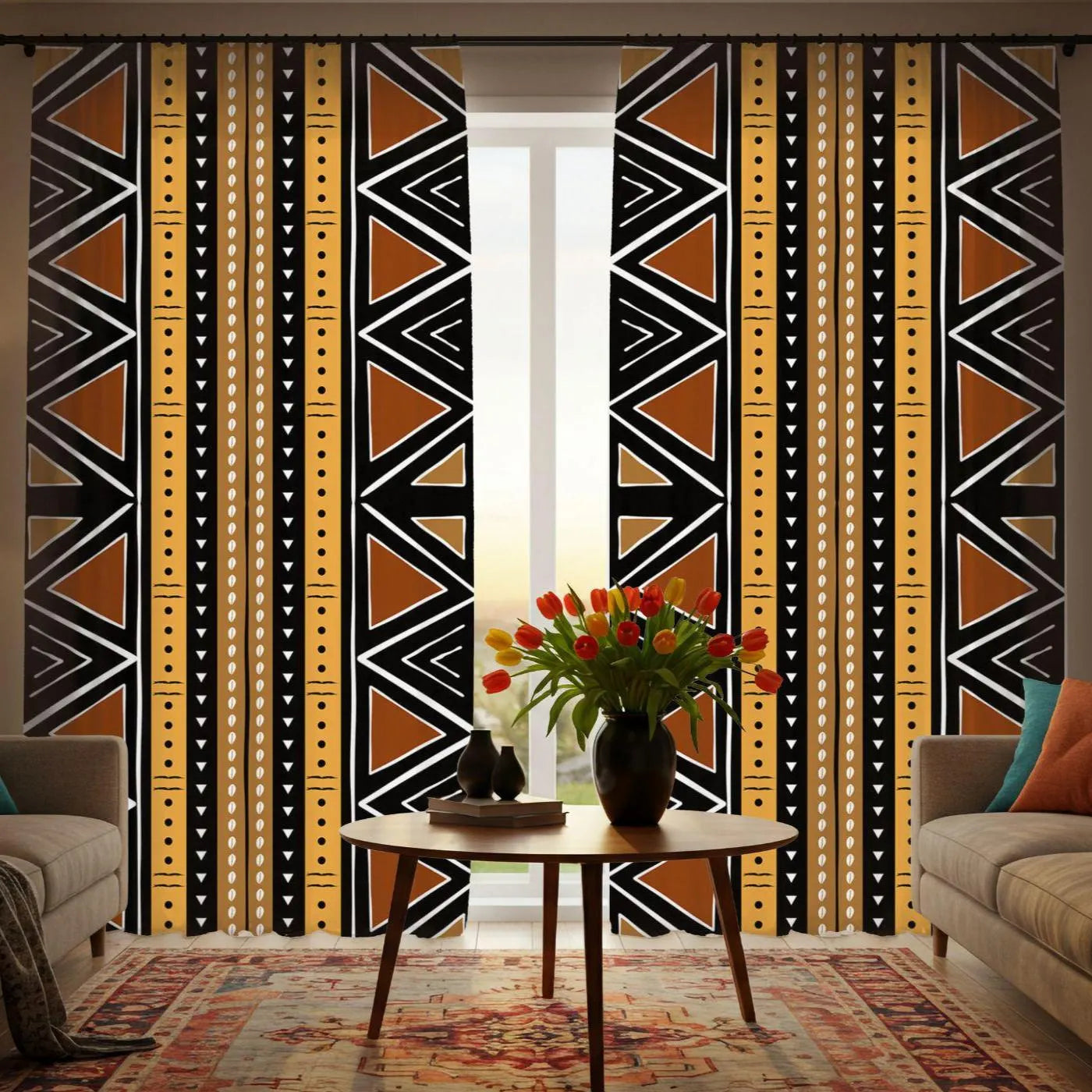 Living room with geometric patterned curtains and a small table with flowers.